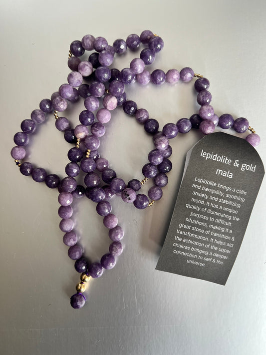 Lepidolite & Gold Mala